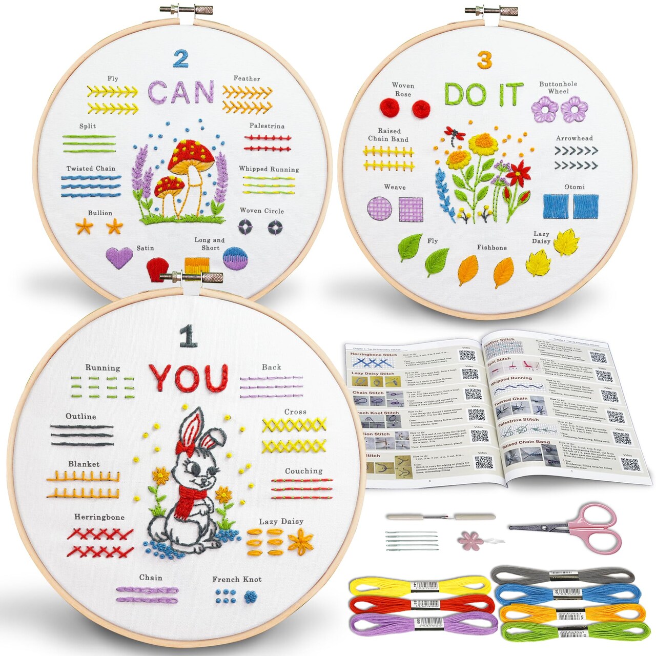 Embroidery Kit for Beginners, Learn to Embroider Top 29 Stitches and Cute Embroidery Patterns with Video Tutorial and Instruction Booklet, Beginner Embroidery Kit for Adults Kids, Stitches Kit